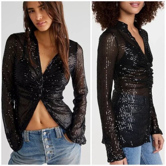 FREE PEOPLE Sequin Shirtee Button Up Blouse Top Ruched Sheer Black Women's Large - Picture 1 of 12